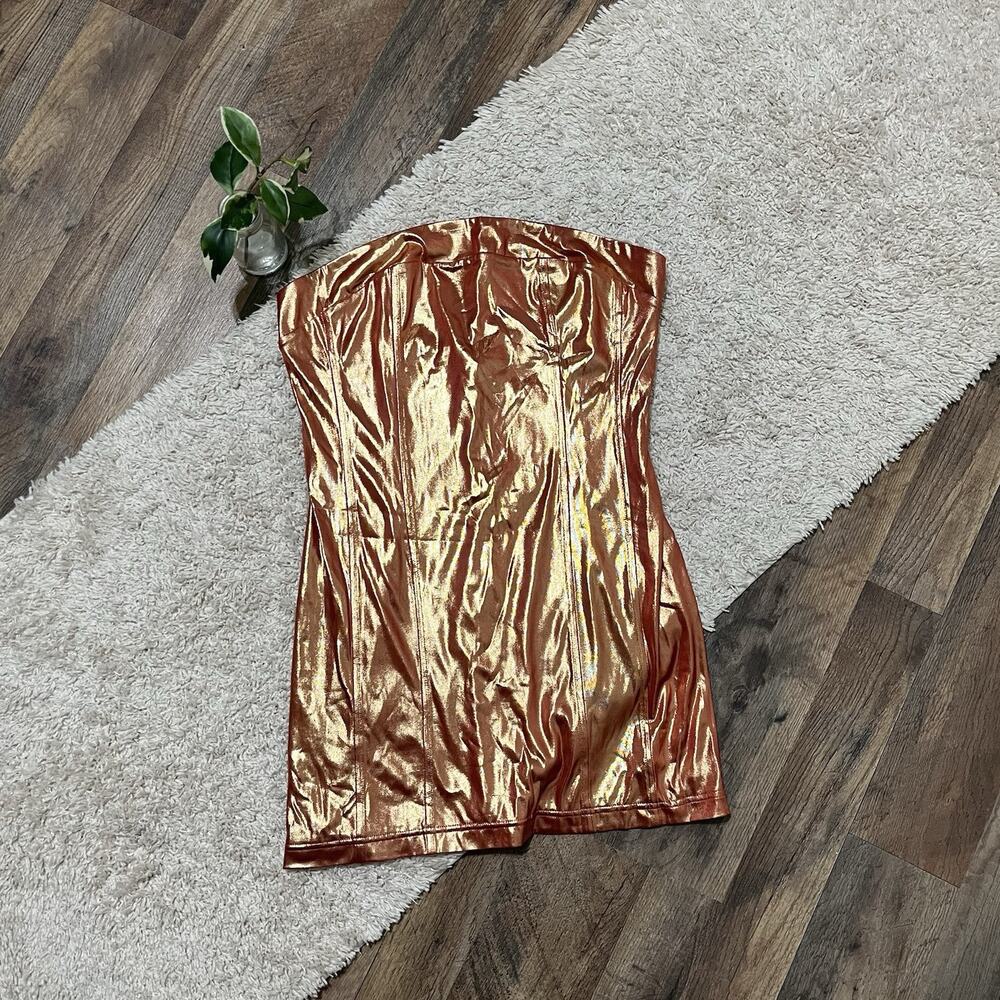 Urban Outfitters Bronze Faux Leather Metallic Kristy Disco Strapless Dress NWT